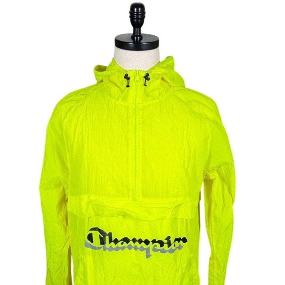 Champion Mens Neon Yellow Half Zip Hooded Windbreaker Anorak‎ Jacket Large V0180